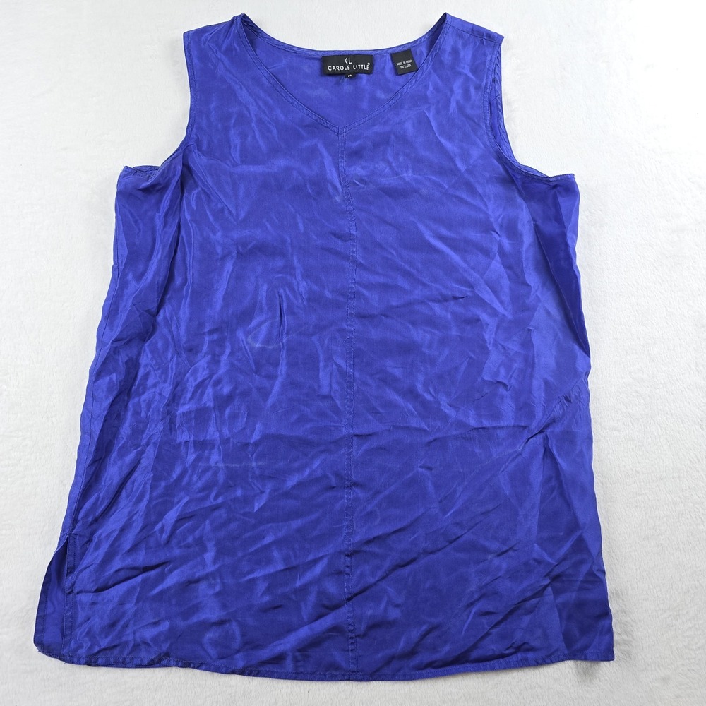 Carole Little Vintage 100% Silk Tank Top Blue Womens Size 14 V-Neck Sleeveless